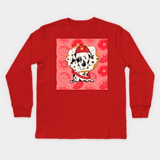 Firefighter firefighter dog with donut in red Kids Long Sleeve T-Shirt